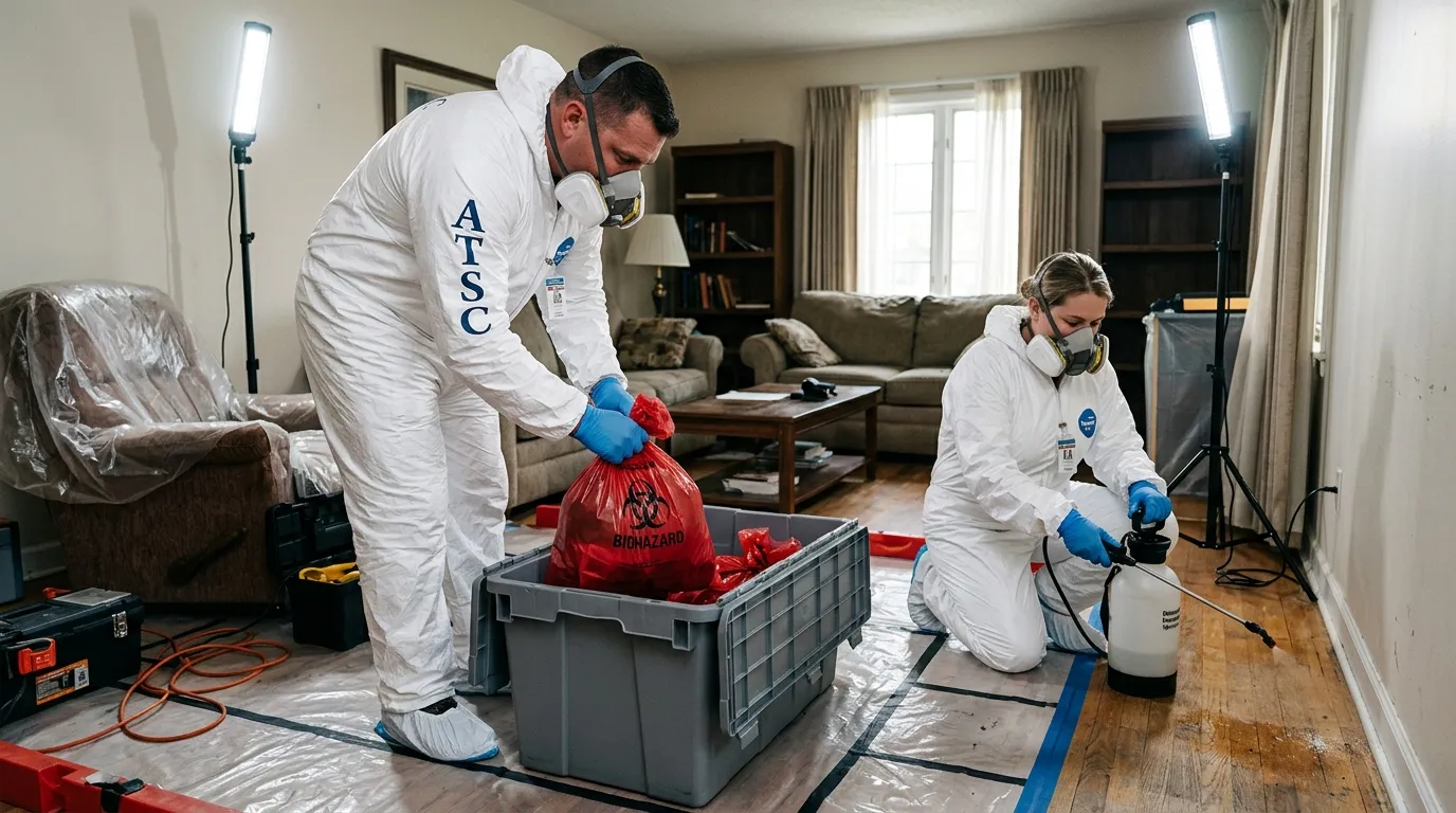 Professional Biohazard Cleanup technician in full PPE working in Floral Park